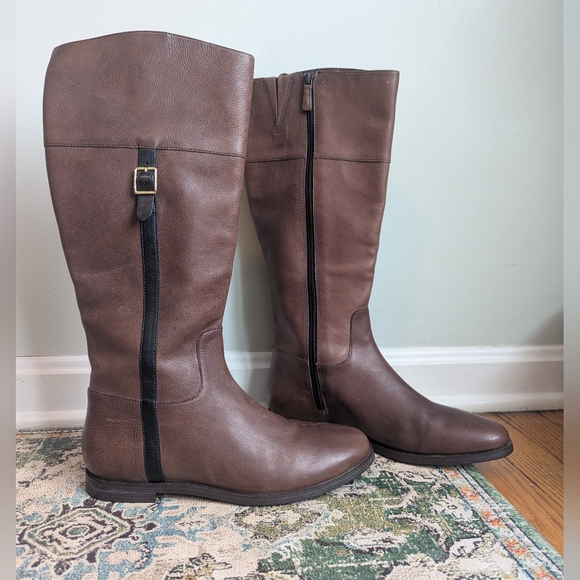 Cole Haan Brown And Black Leather Knee-High Riding Boots - Picture 3 of 12